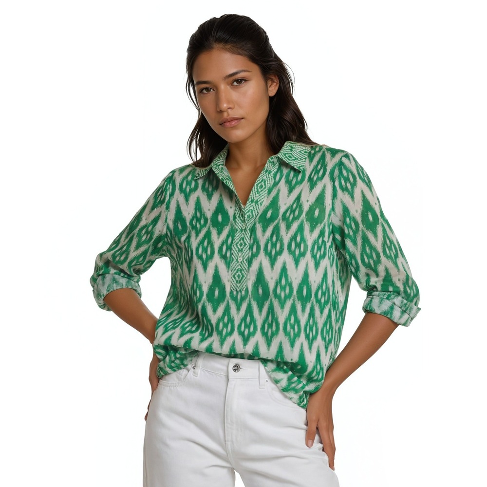 Talbots Blouse Top Women's Size Medium Green White 100% Cotton Poplin Breezy